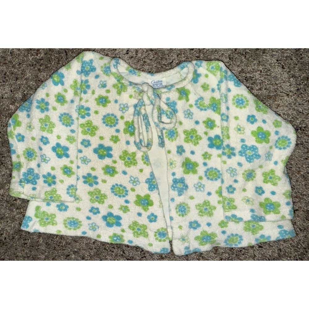 Vintage Carter's Terry Cloth 24 Month Sweater Bright Blue Green‎ Floral 80'-90's